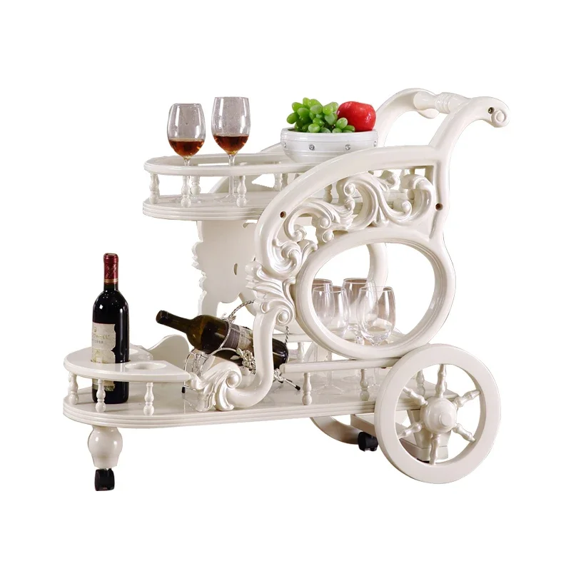 

European wine cart dining cart trolley French hotel mobile restaurant household double solid wood carving flower trolley