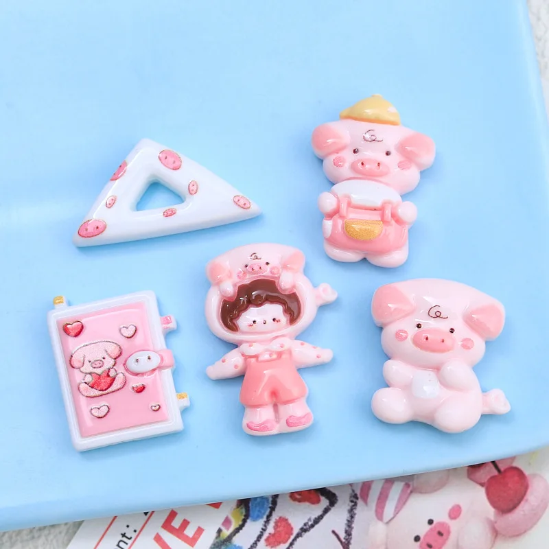 100pcs Kawaii Cartoon Stationery Pig Series Flatback Resin Cabochon DIY Scrapbooking for Mini Children's Headwear Accessories