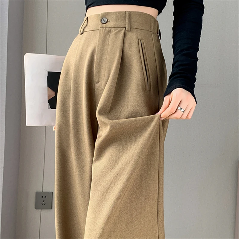 High Waist Khaki Suit Wide Leg Women‘s Full Pants Autumn Female Elegant Minimalism Straight Loose Trousers 2024 New