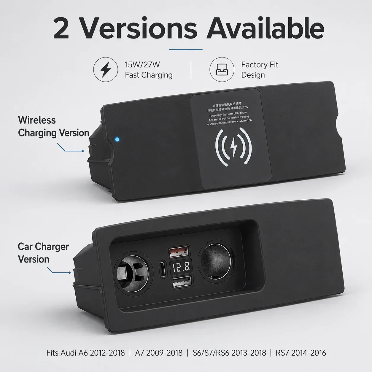 15W/27W Wireless Charging Pad for Audi A6 C7 A7 S6 S7 RS6 RS7 with USB-C QC3.0 Car Charger