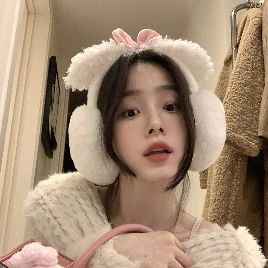 

Pink Bow Rabbit Ear Earmuffs 2025 New Popular Cute Romantic Ear Bag Winter Warm Soft Fluffy Plush Ear Muffs for Girlfriend Gift