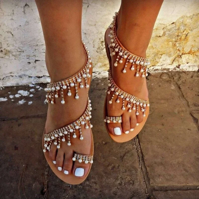 Women's sandals summer pearl fringe beach shoes exposed European and American fashion casual flat sandals large size