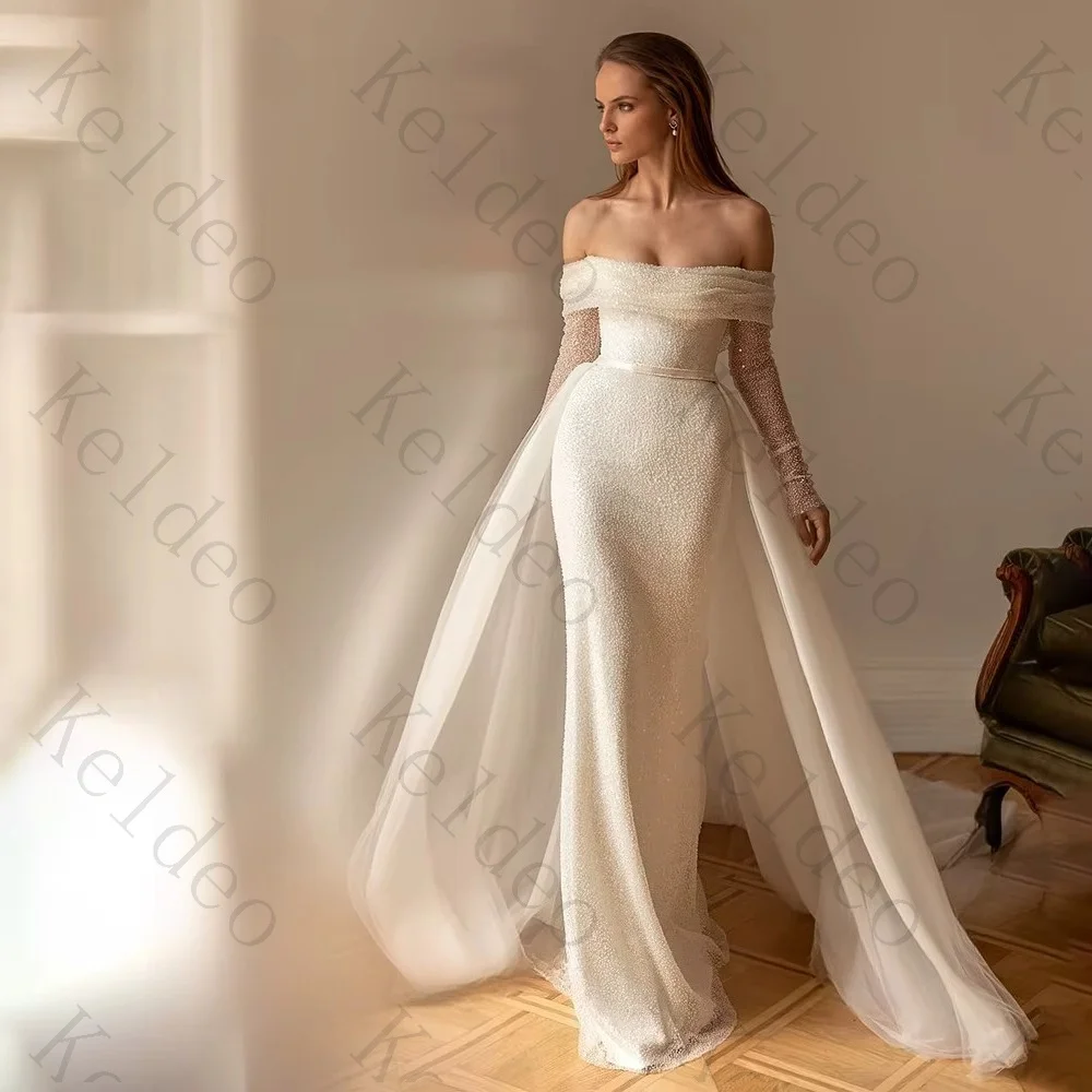Customized Elegant Mermaid Sweetheart Long Sleeve Wedding Dresses Off The Shoulder Beaded Detachable Train Open Back Bride Gowns