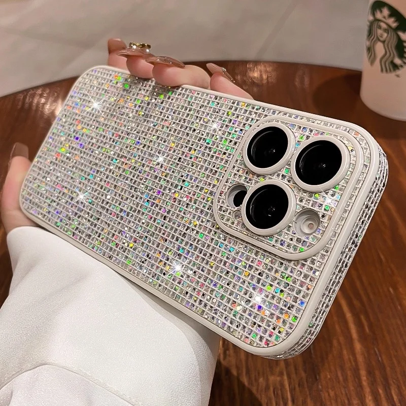 Bling Funkelnde Diamant-Strass-Handyhülle für iPhone 17, 16, 15, 14, 13, 12, Pro Max, Kameraschutz, stoßfeste Stoßstangenabdeckung