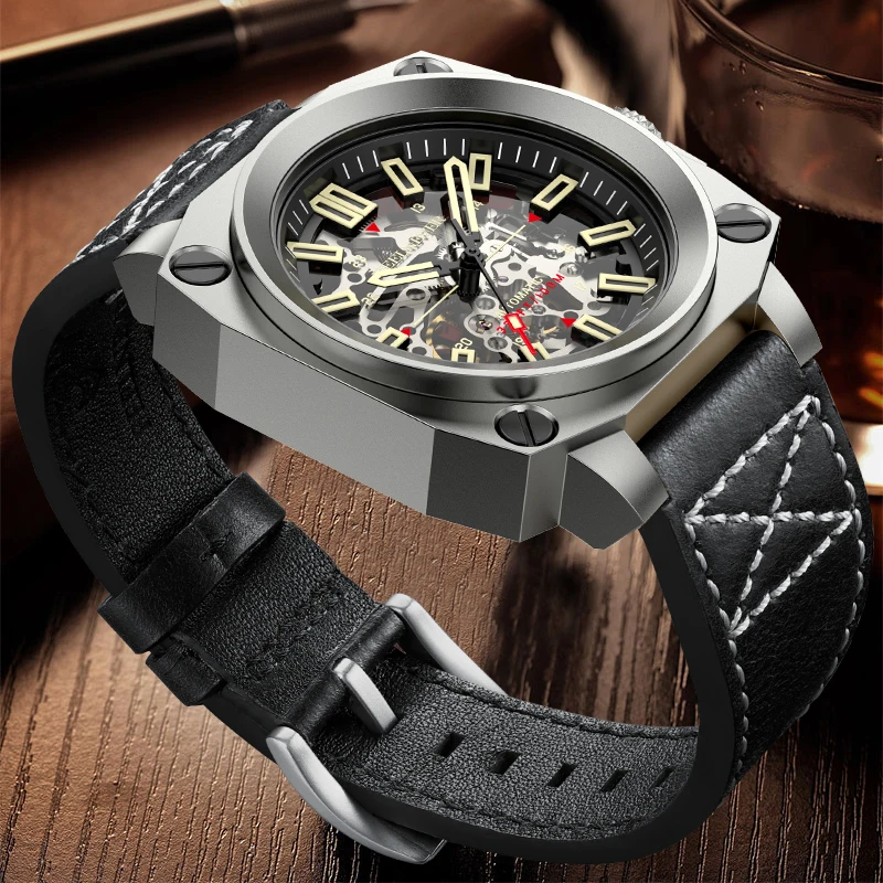 FeelNever Fashion Luxury Mechanical Man Watch Casual Sport Military Hollow Leather Automatic Men\'s Watches Waterproof Wristwatch