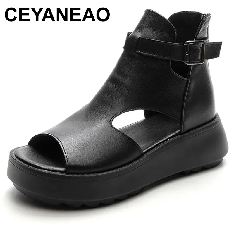 

New Top Layer Cowhide Fish Mouth Shoes Roman Sandals Platform Wedges Increase Sandals Cool Boots Women Sandal Shoes