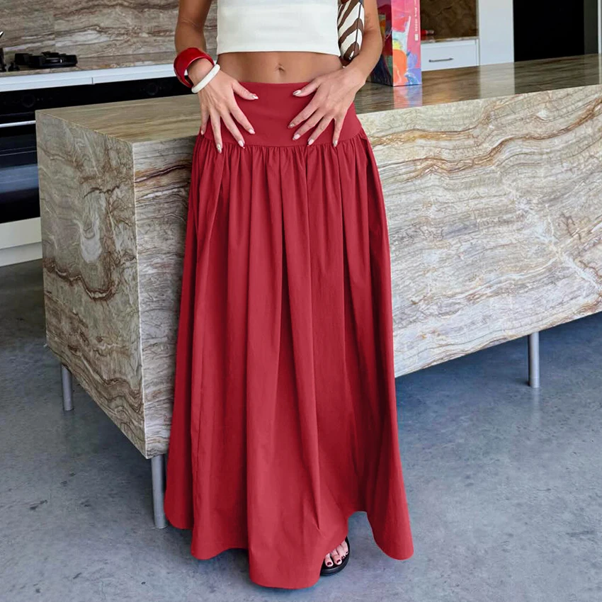 

Повседневная длинная юбка Linad с низкой талией для женщин, 2026, уличный шик, красная юбка А-силуэта, элегантная плиссированная юбка до щиколотки, женская, весна