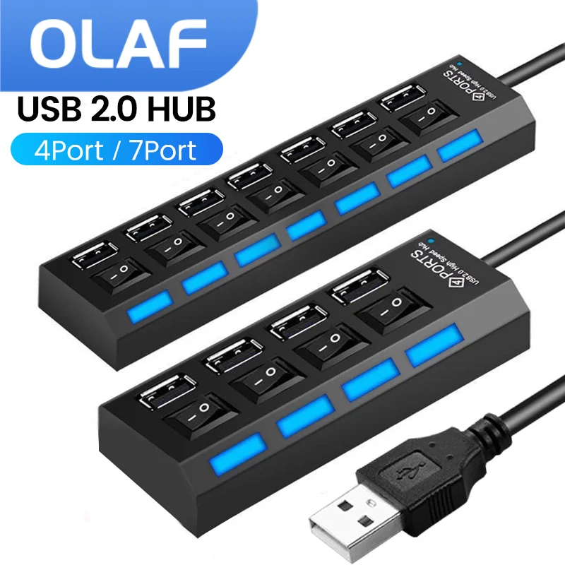 USB Hub 4/7 Ports USB 2.0 Extender Adapter High Speed Hub USB Splitter Switch On Off Dock Station PC Computer Laptop Accessories