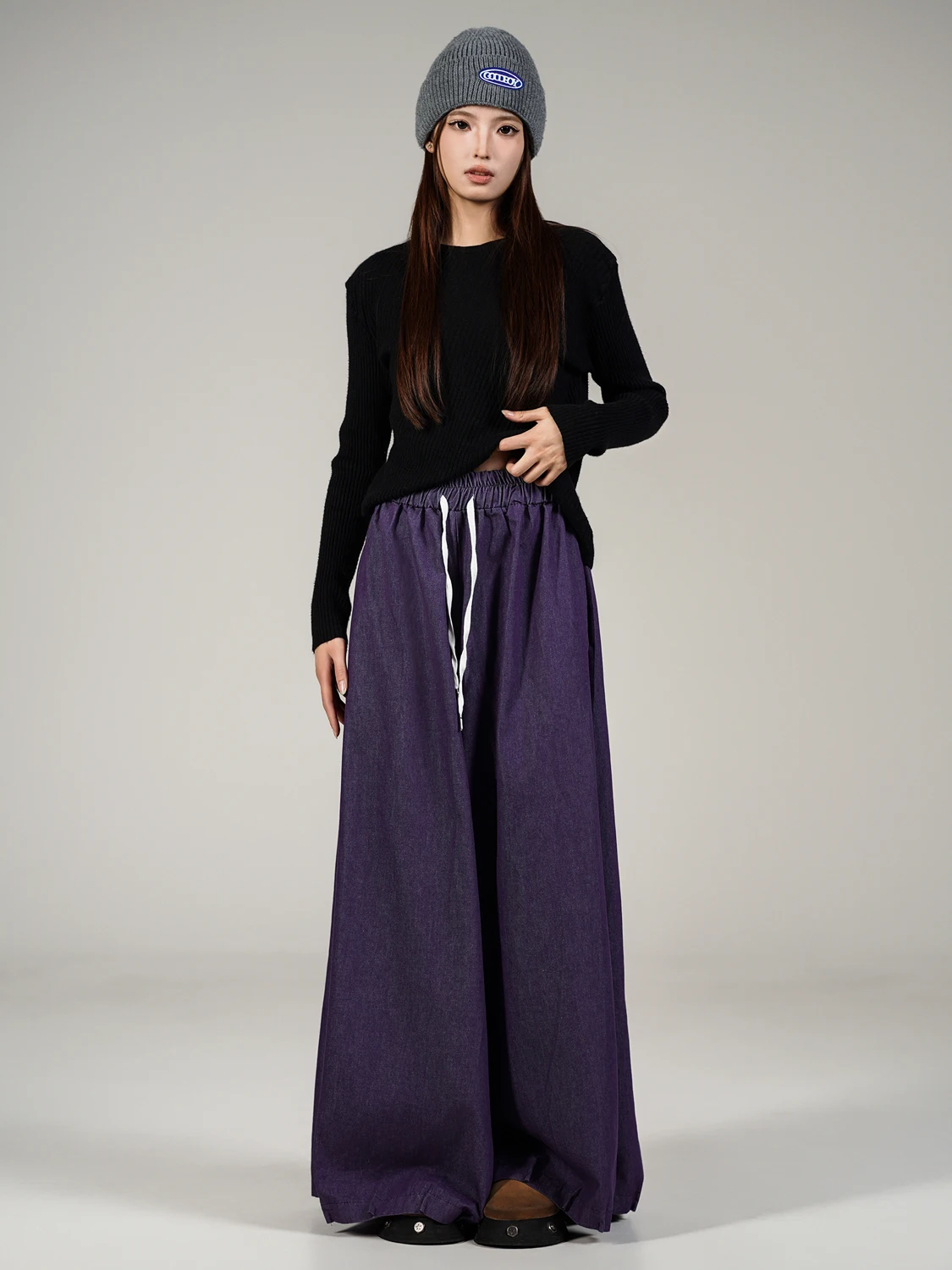 Pantalones Casuales Retro de Cintura Alta y Pierna Ancha para Mujer, Morados, Estilo Linterna, de Mezclilla, Algodón y Spandex, Cintura Elástica, Ajuste Holgado