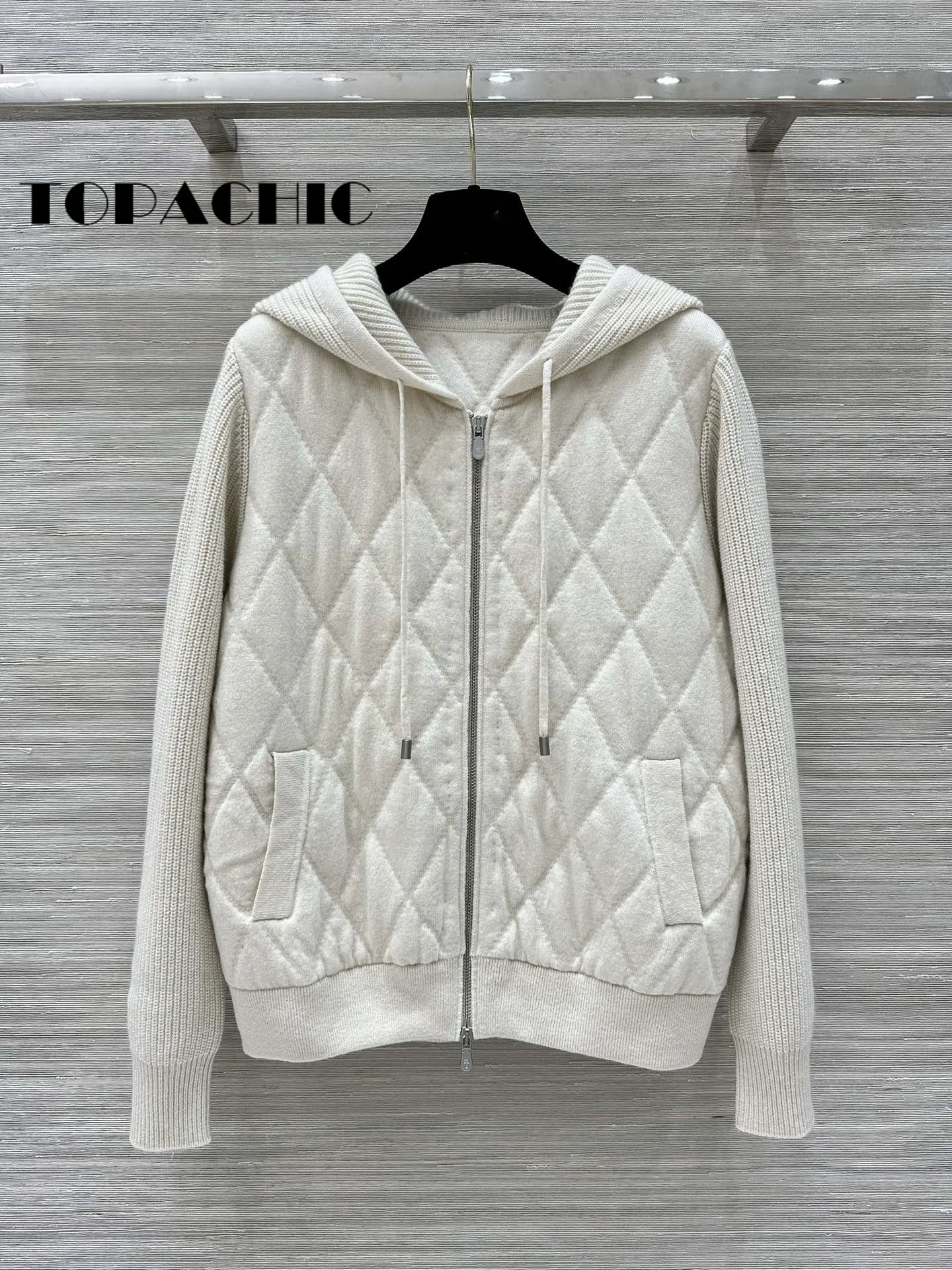 8.22 TOPACHIC Women Quilted Argyle Plaid Cashmere Hooded Jacket Fashion Casual Lace-up Long Sleeve Double Zipper Loose Outerwear