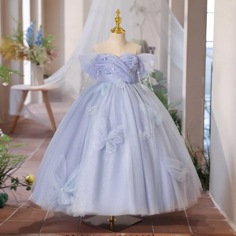 

2026 Flower Girl Dress Lavender Girl Party Dress Off the Shouder Ball Gowns Handmade Flowers
