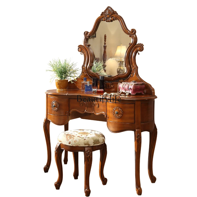 

American-Style Solid Wood Small Apartment Bedroom Dresser Luxury Carved Vintage Makeup Table