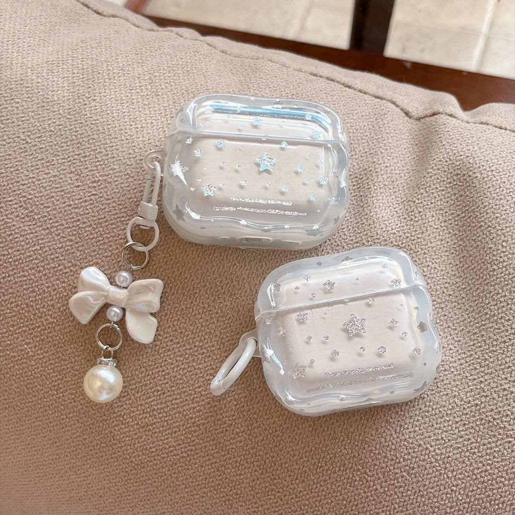 Süße Glitzer-Sterne mit gewelltem Rand und Schleifenanhänger, stoßfeste Schutzhülle für AirPods 1 oder 2 3 4 5 Pro 2 Pro 3