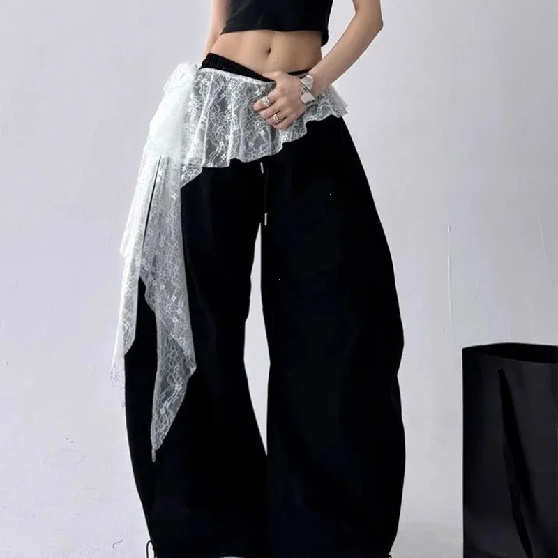 Jeans Pants Decor Embroidered Flower Lace Mini Skirt Irregular See Through Ruched Skirts High Waist Harajuku Pleated Skirts