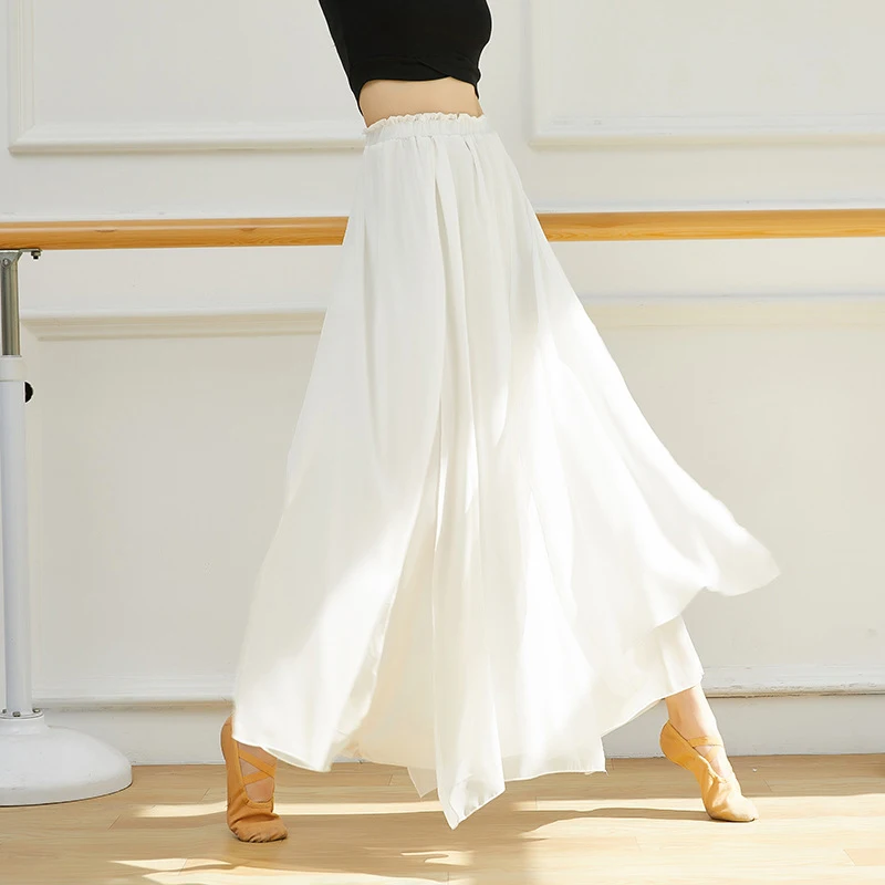 Women Classic Dance Pant 2 Layers Chiffon Satin Flowy Skirt Rhyme Trousers Loose Long Pants Traditional Performance Dancewear