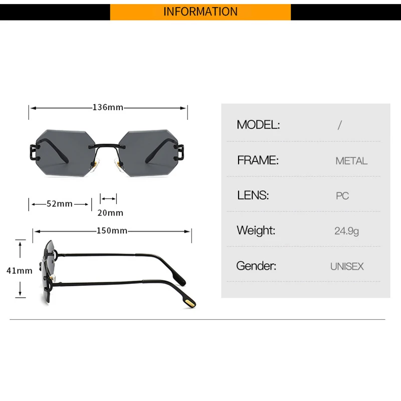 Vintage Fashion Rimless Square Sunglasses Women Men 2024 Luxury Brand Designer ins Small Sun Glasses For Female UV400 Shades