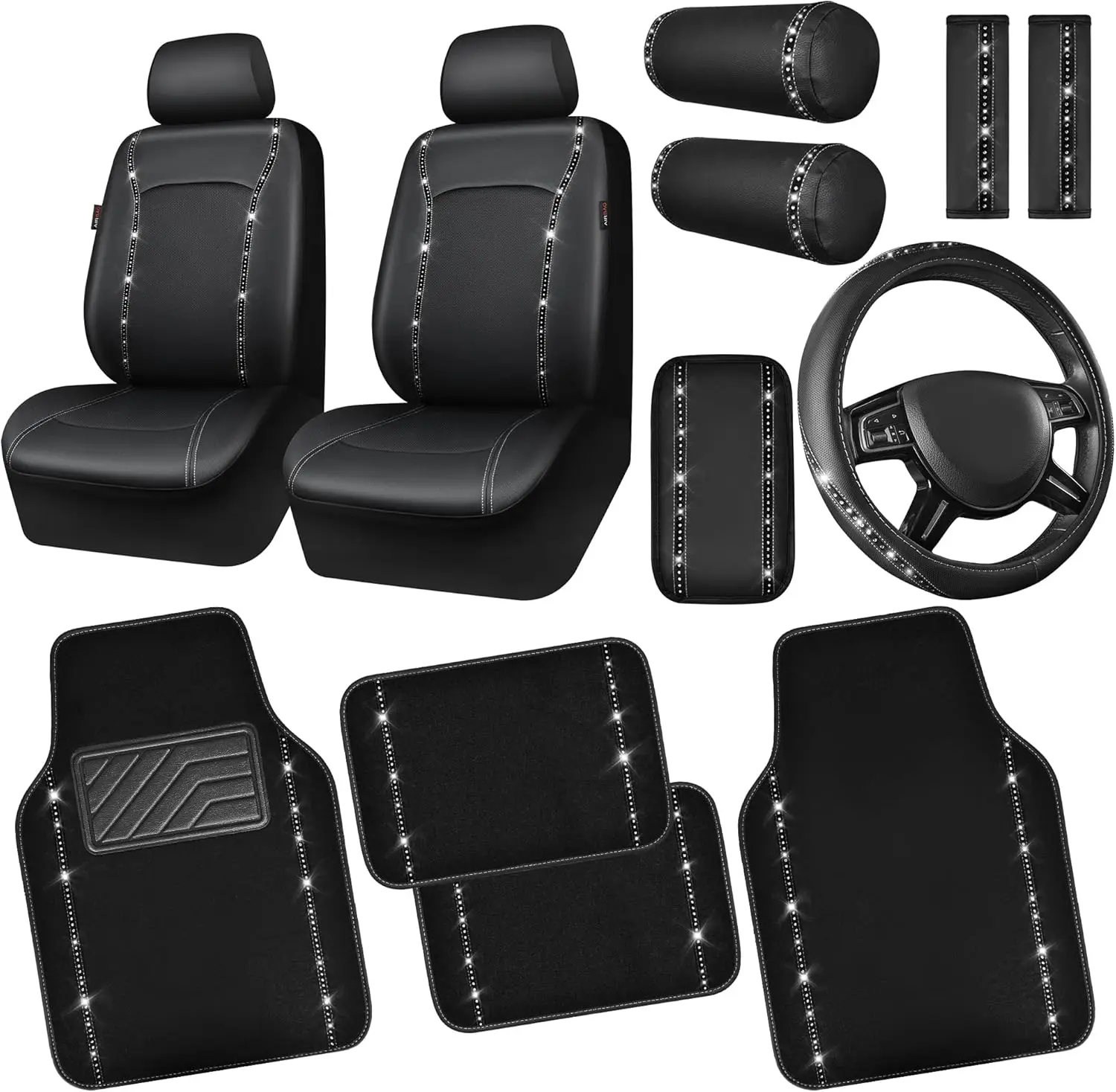 

Набор из 14 предметов для салона автомобиля с блестящими стразами для женщин, включает чехлы на сиденья, коврики, чехол на руль, серебристый цвет