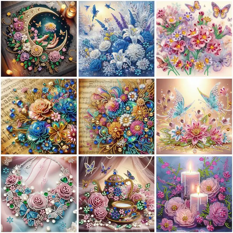 CHENISTORY 5d Diy Partial Special Shaped Drill Diamond Painting Kit Butterfly Flowers Diamond Mosaic Art Gift Home Decoration