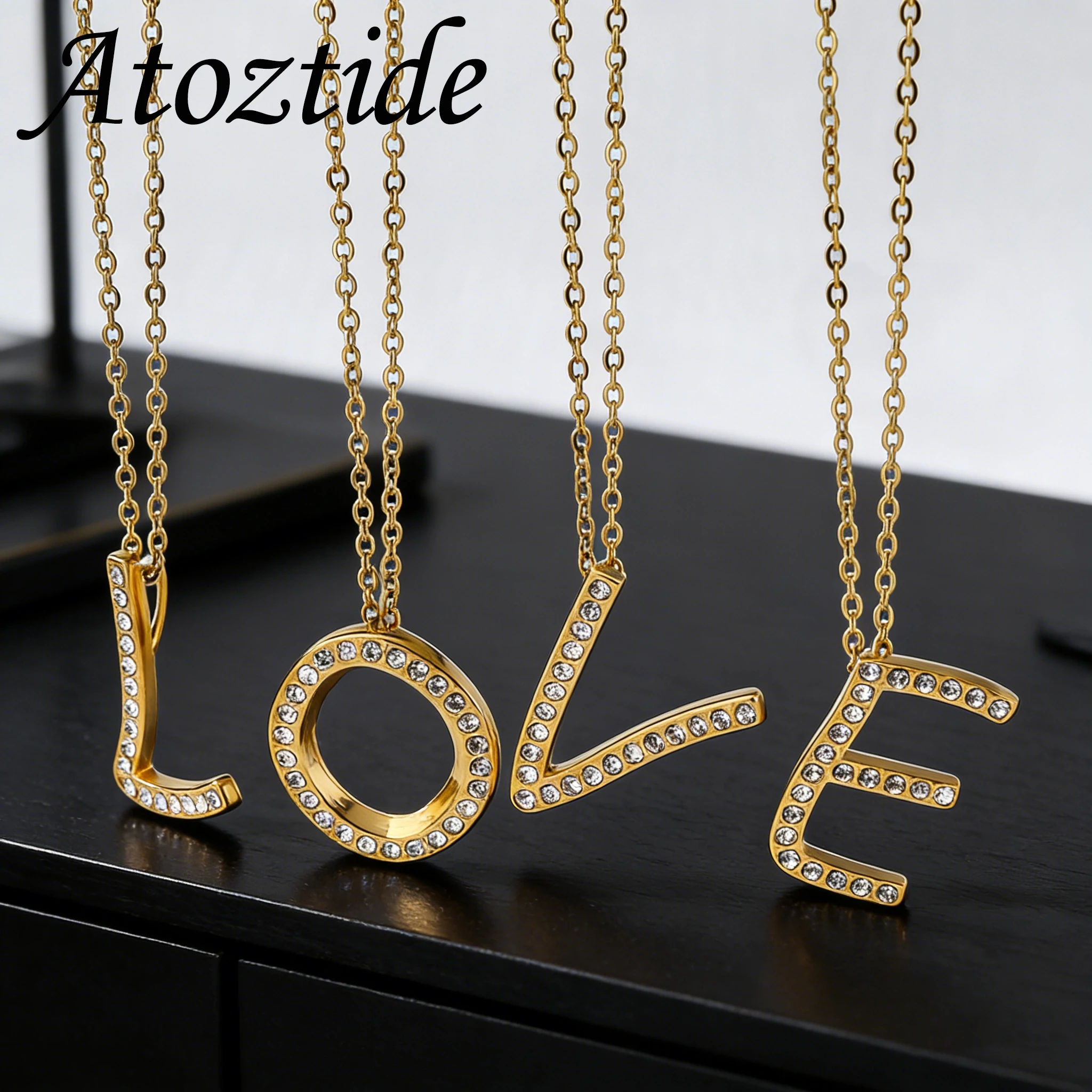 Atoztide Zircon Letter Pendant Necklace for Women Men Full Stone Alphabet Initial Name Monogram Charm Necklace Jewelry Gift