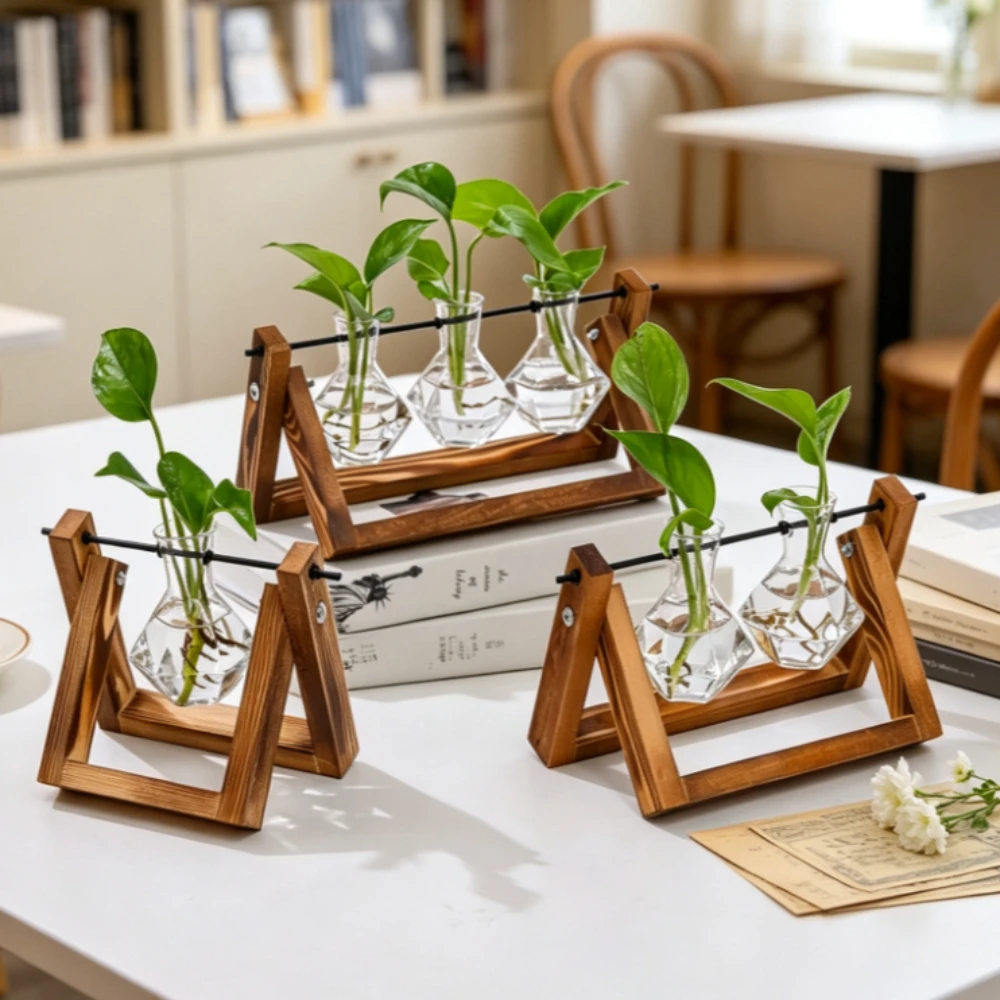 Nordic Hydroponic Glass Vase with Wooden Stand Plant Propagation Container Modern Home Living Room Table Decoration