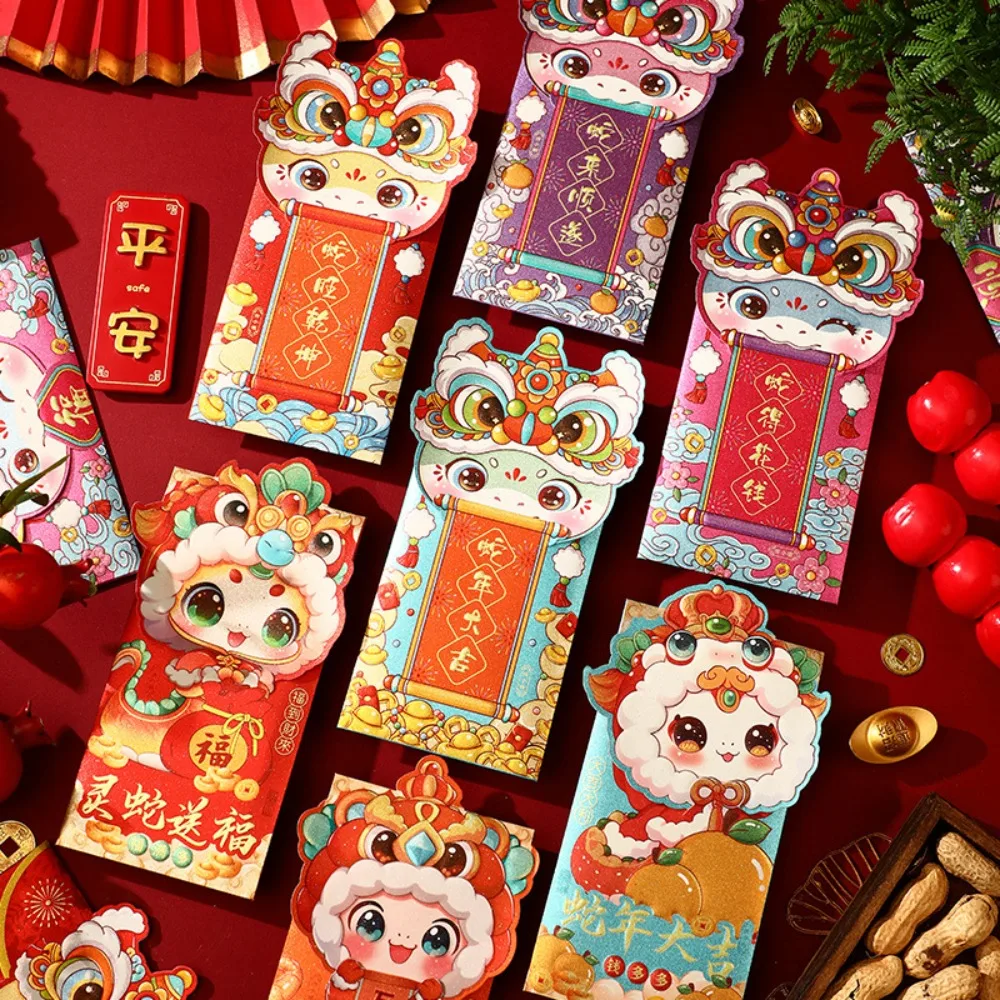 4pcs Cartoon Hot Stamping Folding Red Envelopes Blessings Printing Rectangular Lucky Money Bag Solid Thickened HongBao Kids
