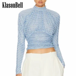 5.17 KlasonBell Luxury Bling Diamonds Long Sleeve Tee For Women Stand Collar Collect Waist Sexy Backless Sheer Mesh T-Shirt