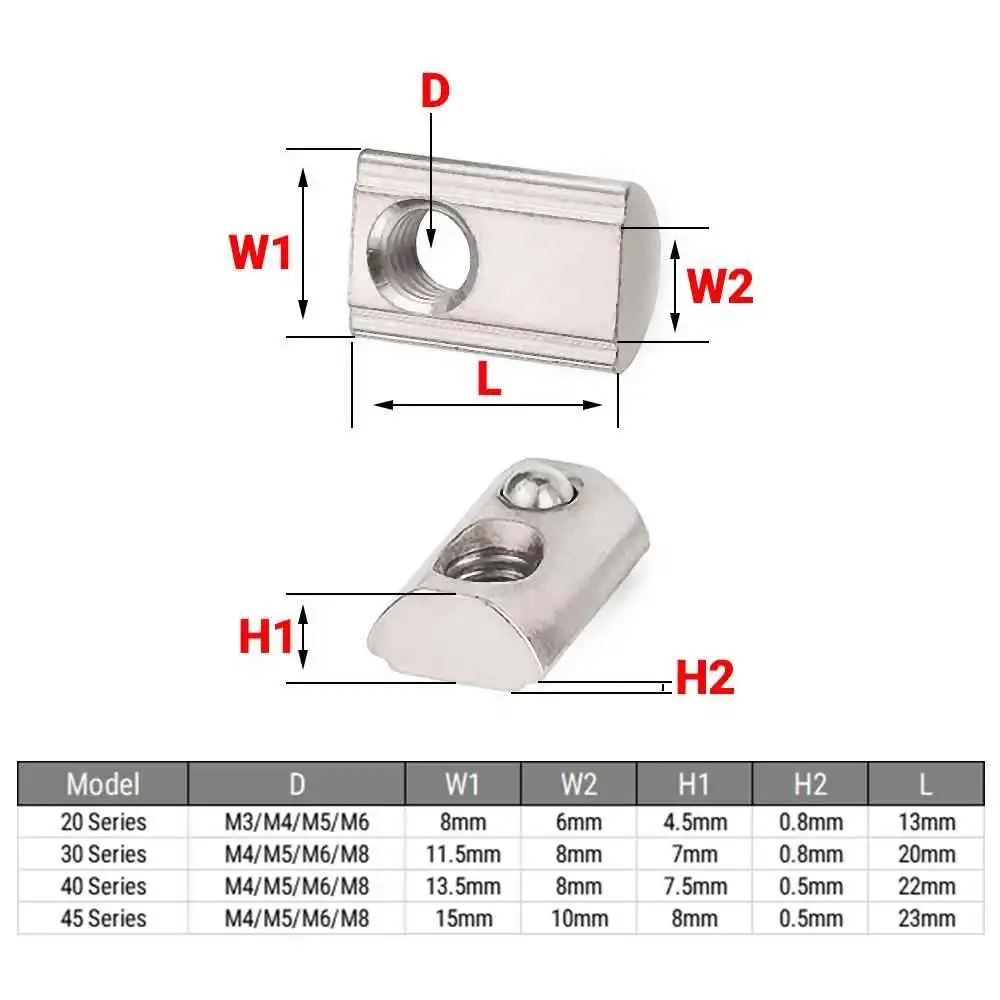 50Pcs/Lot Spring Loaded T-Nut M3 M4 M5 M6 M8 Roll-in T Spring Nut Block for 2020 3030 4040 4545 EU Aluminum Extrusion Profiles