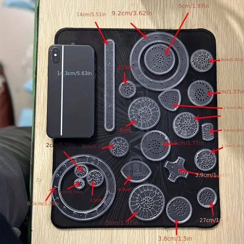 22-Pc Gear Drawing Ruler Set for Intricate Designs on Black Paper, with Stencils & Marker, Durable PC