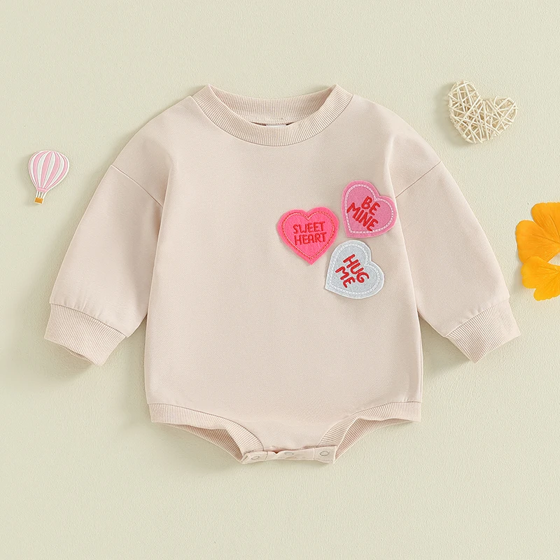 Valentine's Day Clothes for Baby Girls Sweatshirts Rompers Heart Embroidered Crew Neck Long Sleeve Toddler Bodysuits