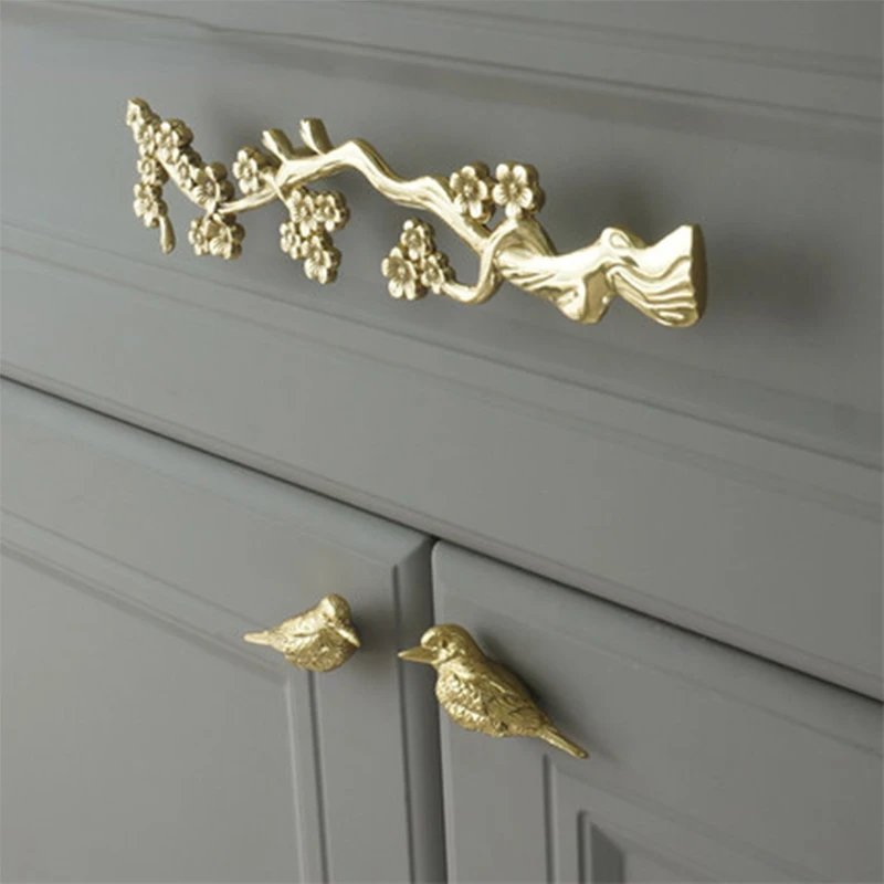New Birds Knobs for Dresser Plum Branches Cupboard Door Handles and Knobs Drawer Cabinet Pulls Brass Decor Furniture Hardware
