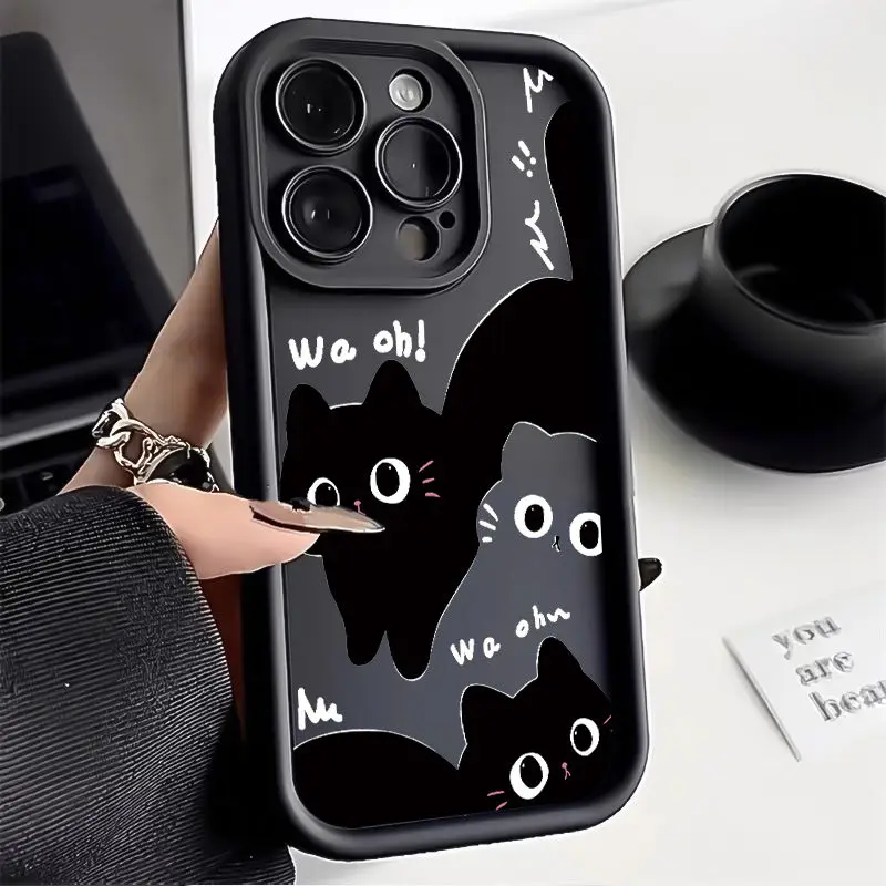 Creative Cute Little Black Cat Soft Phone Case For iPhone 16 15 14 13 PRO MAX 11 12 13 PRO X XS XR 7 8 Plus Anti Fall Cover Y2k