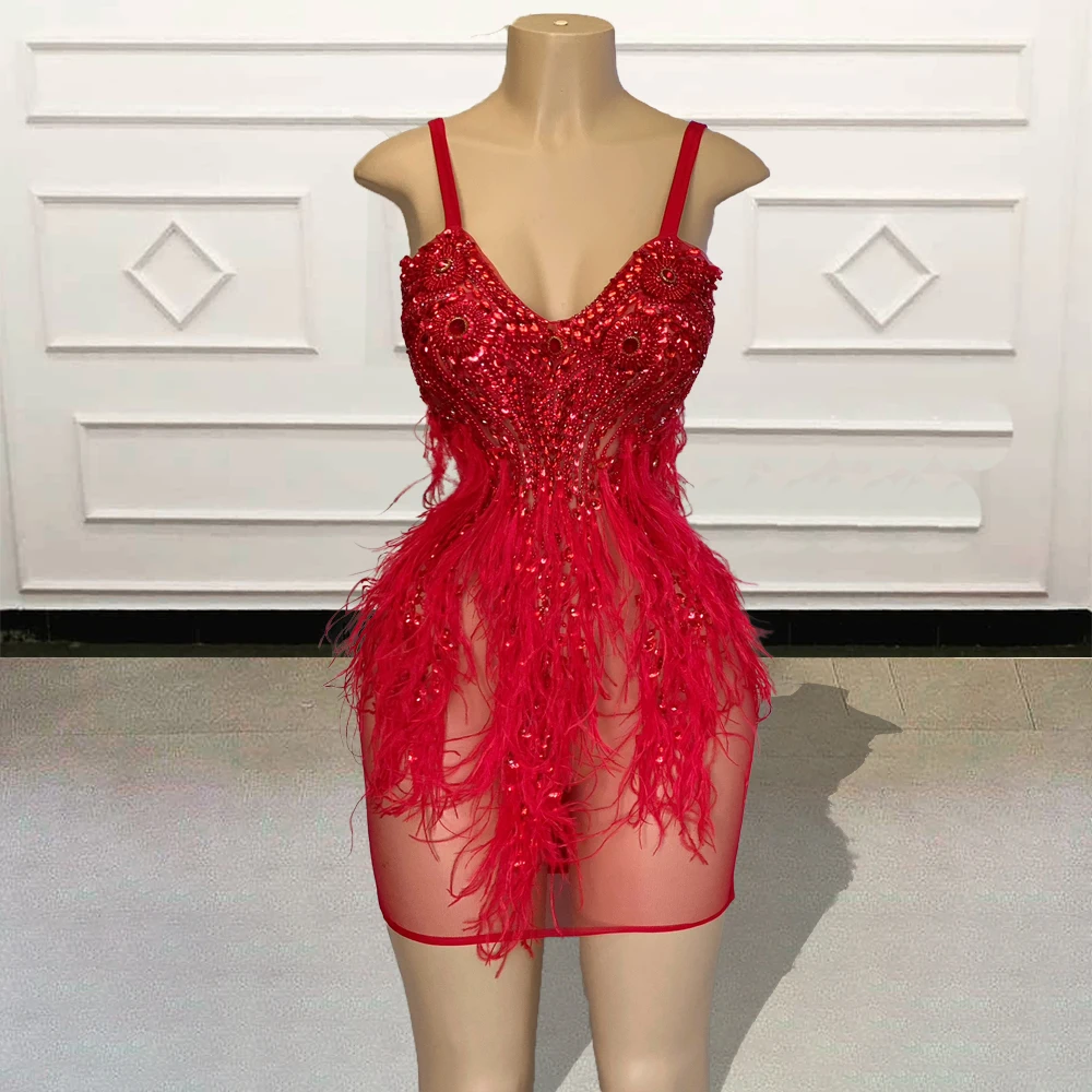 Red Sparkly Crystals Diamond Short Prom Dresses 2023 Feathers V-neck African Black Girls Mini Cocktail Party Gowns for Birthday