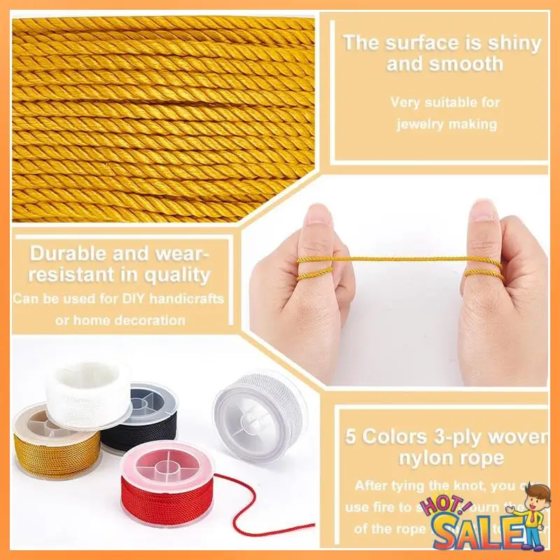 

AB68 Twisted Nylon Cord 3-Ply Satin Nylon Trim Cord Macrame Thread String Cord Braided Beading Cord,5 Colors