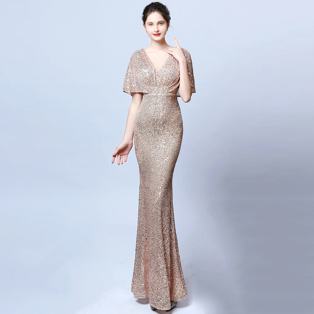 O-neck Sequinds Evening Dress V-Back Formal Dress for Women Short-Sleeves Mermaid Robe De Soriee Elegant Party Gowns Long Dress