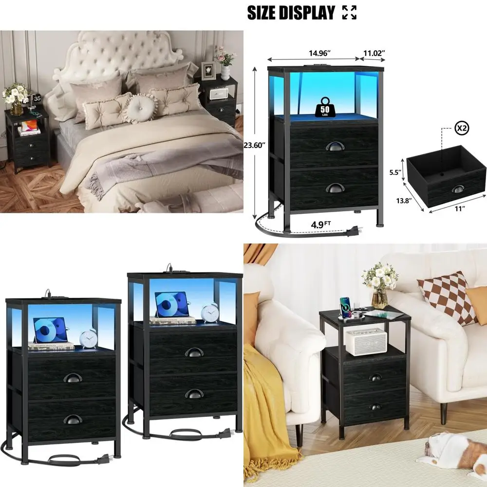 

Пара прикроватных тумбочек из черного дуба с зарядной станцией, светодиодной подсветкой и тканевыми ящиками для гостиной или спальни