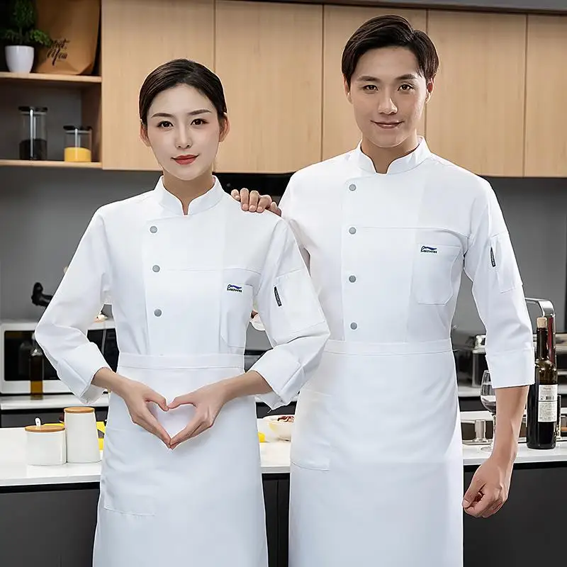 Western Restaurant Chef Overalls แขนยาวสีขาวร้านบาร์บีคิวเบเกอรี่ห้องครัวฤดูใบไม้ร่วงและฤดูหนาว Chef Uniform Men