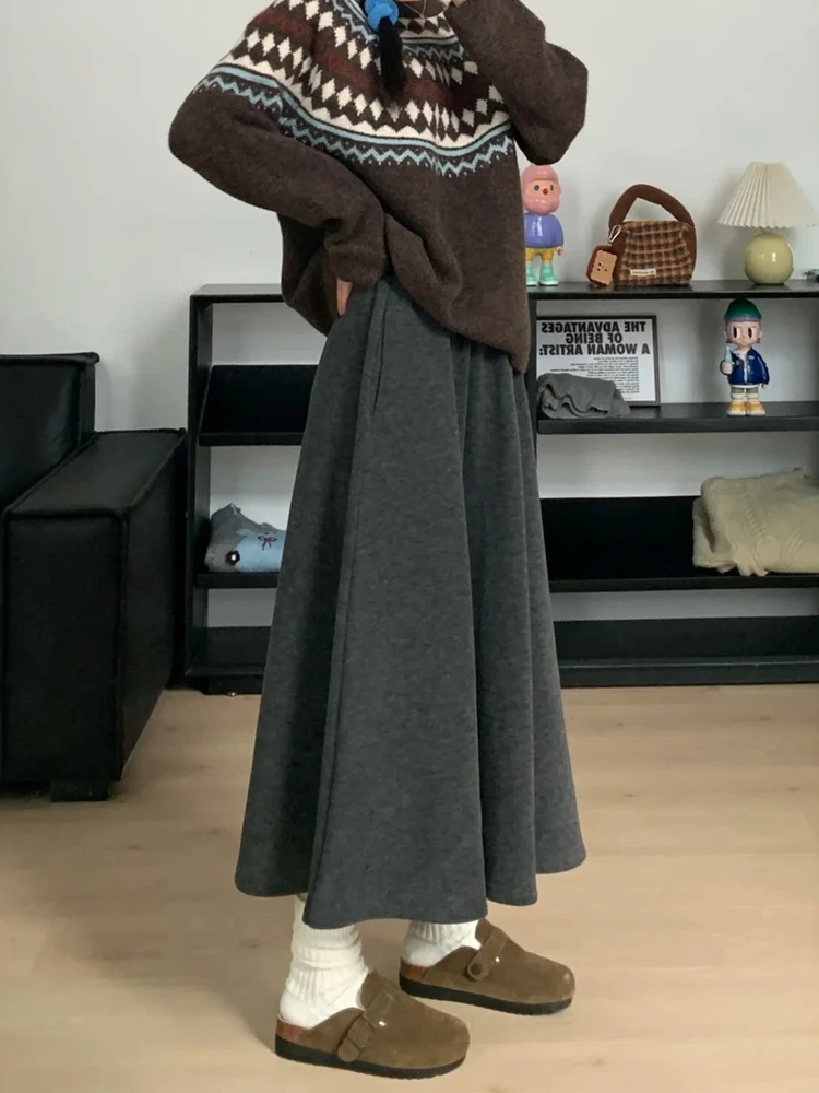 Gray A-Line Midi Skirt Pleated Hip Covering Pear Shape Body High Waist Large Size Women's Gauzy Skirt Winter Collection