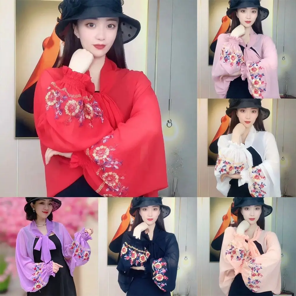 

Fashion Chiffon Sunscreen Shawl Embroidery Long Sleeve Tops Thin Coats Spring Summer