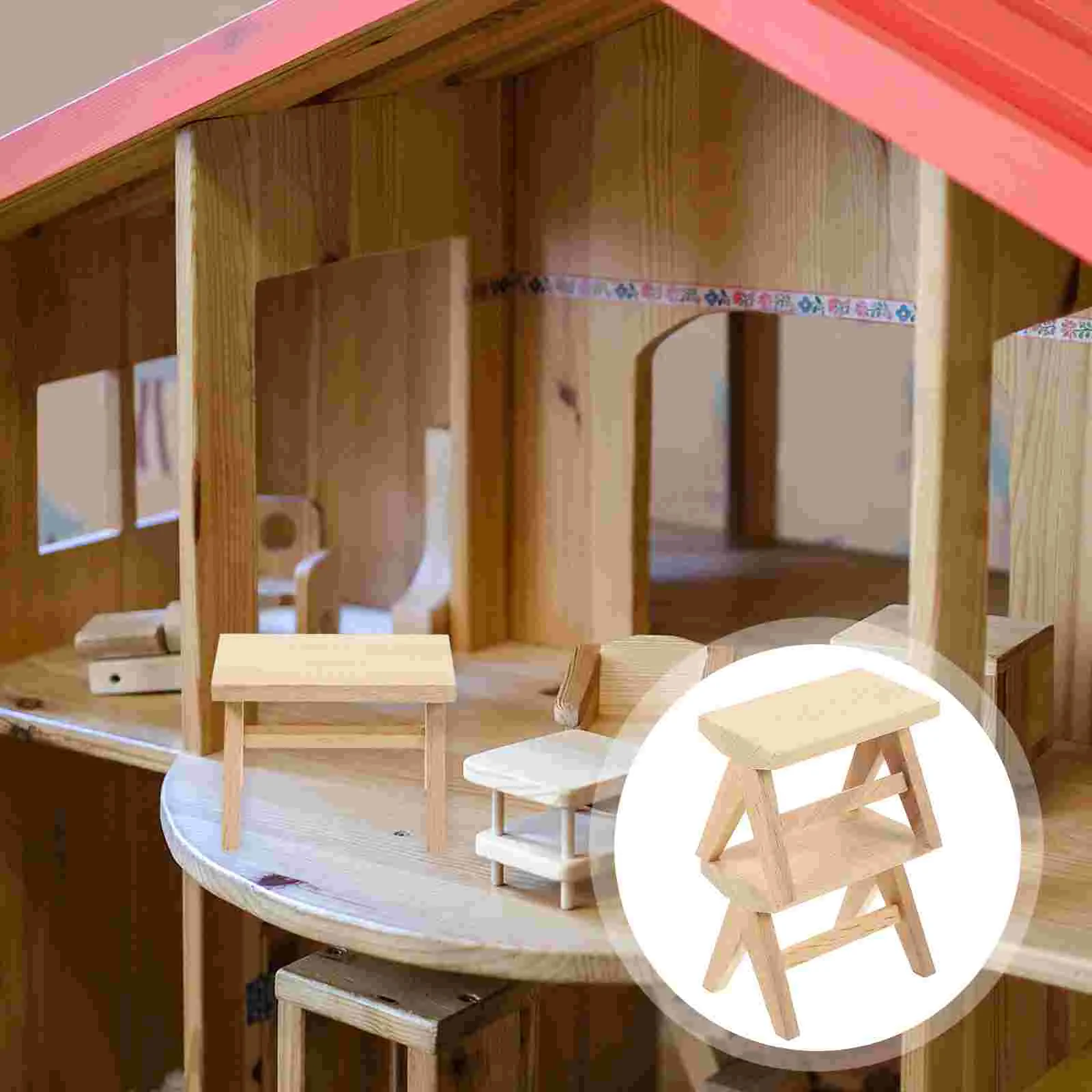 

2 Pcs House Mini Bench Model Table and Chair Furniture Ornaments Accessories Wood Stool Decor Tiny Wooden Miniature