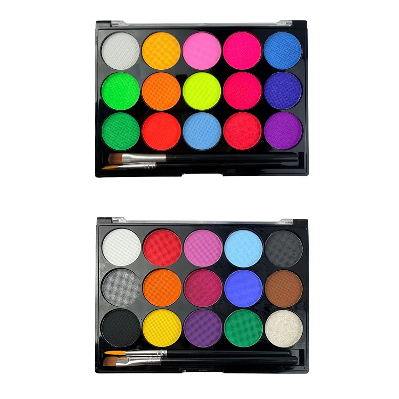 Paleta de pintura facial de 15 colores, maquillaje corporal, pintura a base de agua no tóxica con pincel para Navidad, fiesta de Halloween, grafiti corporal