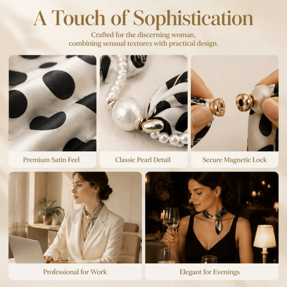 Magnetic Buckle Magnetic Pearl Neck Scarf Detachable Pearl Necklace Satin Neck Scarf Small Pearl Polyester Neckerchief For Women