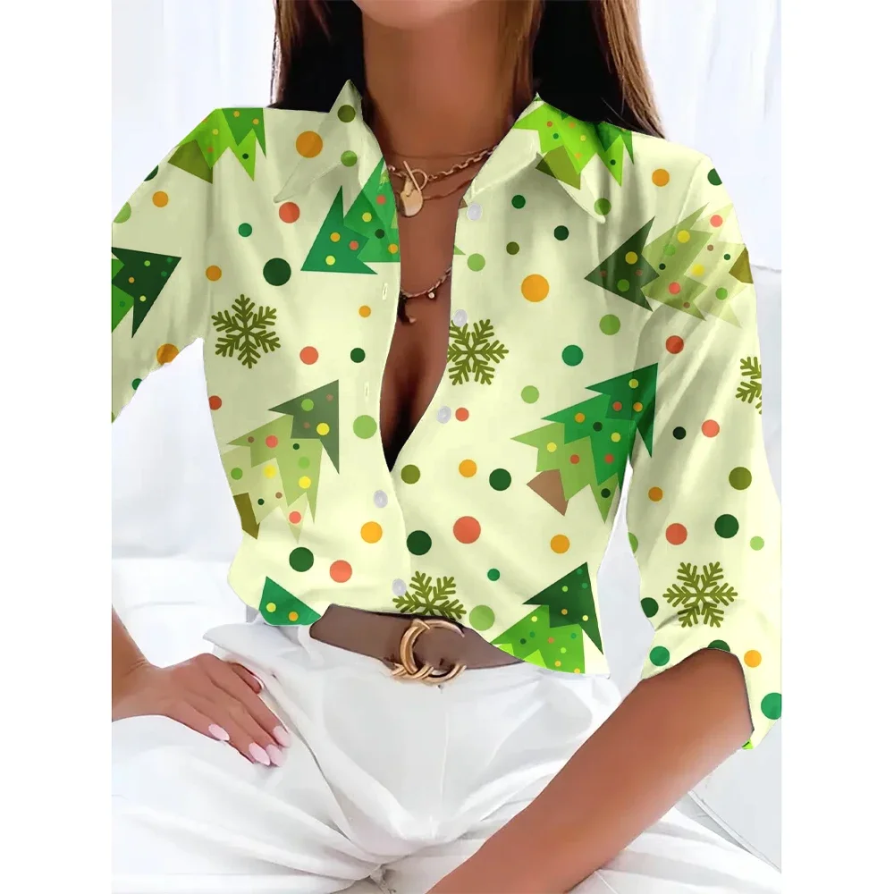 

Winter Spring Christmas Tree Printed Button Shirts Breathable Women Basic Tops Casual Long Sleeve T-shirts And Blouse Plus Size