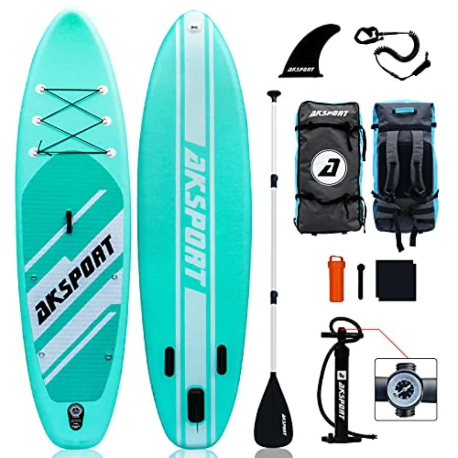 Inflatable Stand-Up Paddle Board for lake and ocean use, PVC material, blue color, extra wide 34 design with non-slip deck and