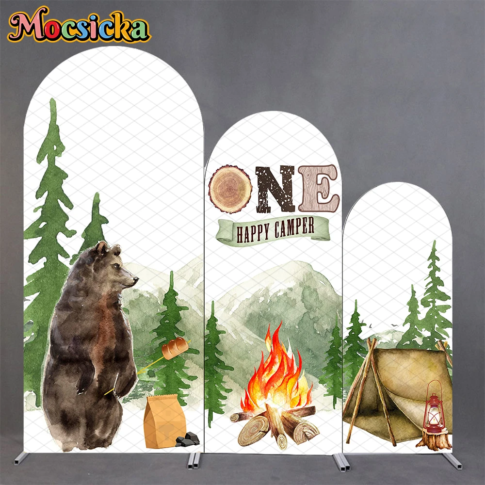 

Mocsicka Happy Camper Arch Covers Backdrop Baby Shower Photo One Birthday Arched Backgrounds Bear Camp Tent Bonfire Party Decors