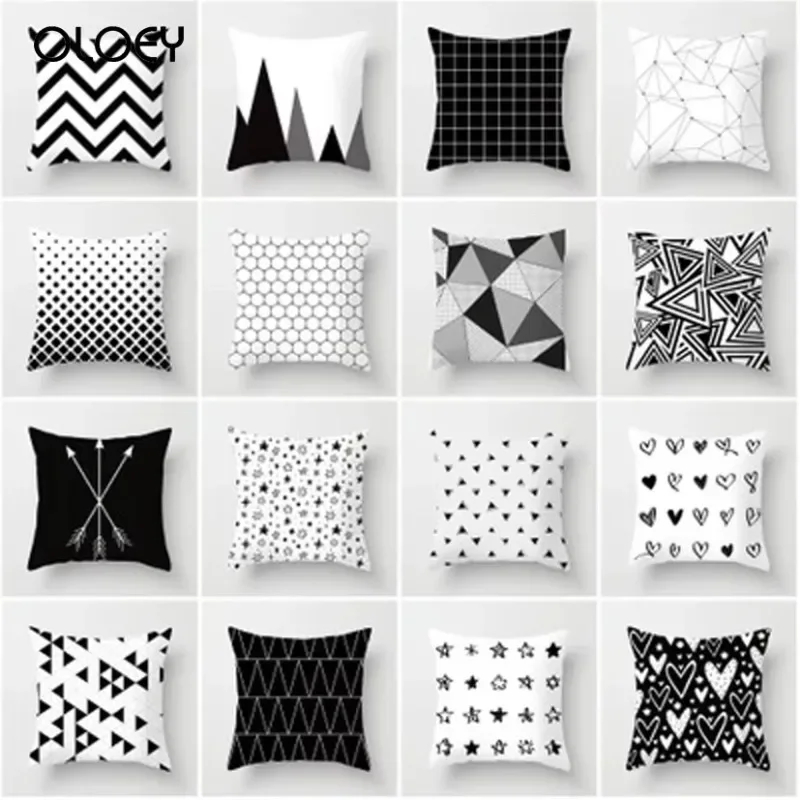 

Geometric Cushion Cover Black and White Polyester Pillowcase Dotted Stripe Grid Triangle Geometry Art Cushion Cover Hotel Family