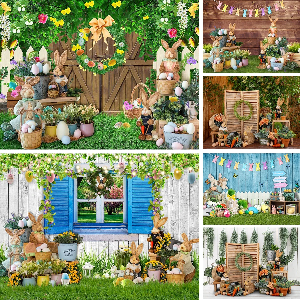 용수철 부활절 사진 배경 어린이 생일 파티 소품, 토끼 계란 꽃, 잔디 장식, 어린이 초상화 배경