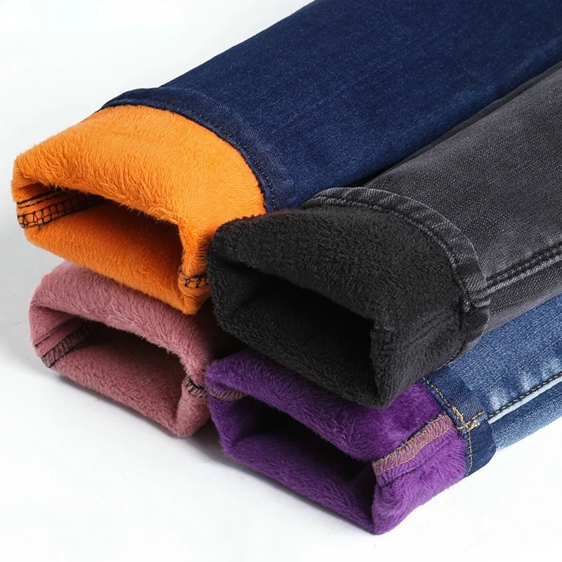جينز مخملي عالي الخصر للسيدات ، سراويل كاجوال للسيدات ، سراويل جينز دافئة ، ملابس نسائية ، شتاء