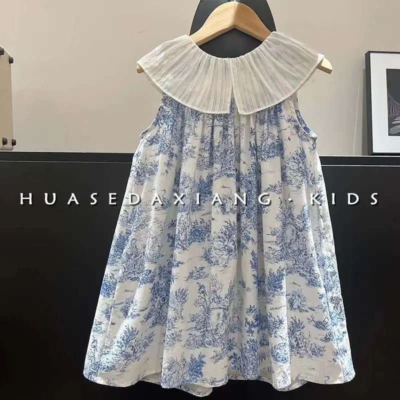 Frock For Girl Dress Retro Lotus Leaf Collar Ink Painting Tank Top Skirt Flower Baby Girl Dresses 1 2 4 6 8 9 10 11 Kids Clothes