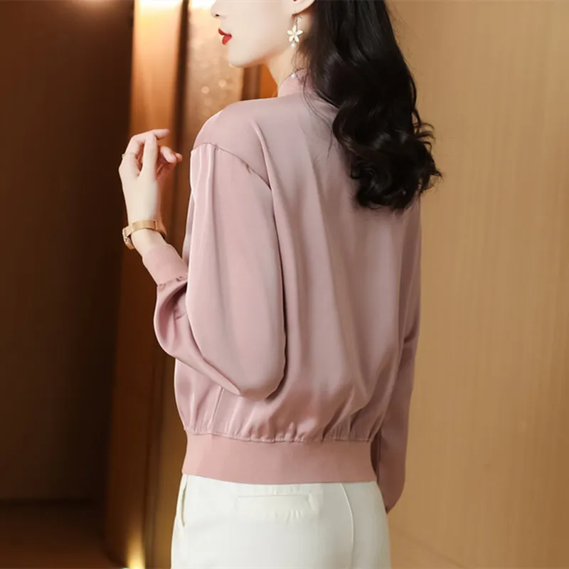 #5356 Spring Autumn Baseball Jacket Women Solid Color Short Outerwear Womens Stand Collar Slim Zipper Office Satin Coat Ladies