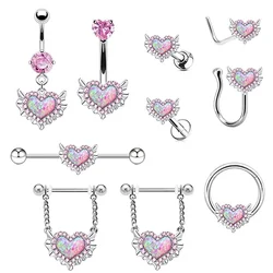 Pink Navel Belly Button Rings Women Opal Heart Nose Clip Lip Labret Piercing Helix Screw Earring Stud Cartilage Conch Piercing